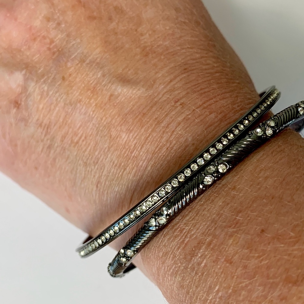 Lia Sophia 2 Piece Bracelet Set Black Hematite Cut Crystals Size M